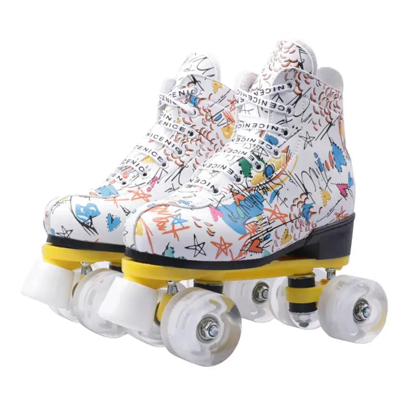 Microfiber PU Golden Roller Skates 4 Wheels Double Row Shoes