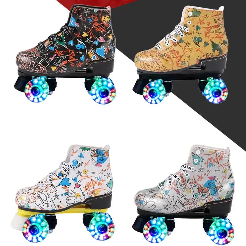 Microfiber PU Golden Roller Skates 4 Wheels Double Row Shoes