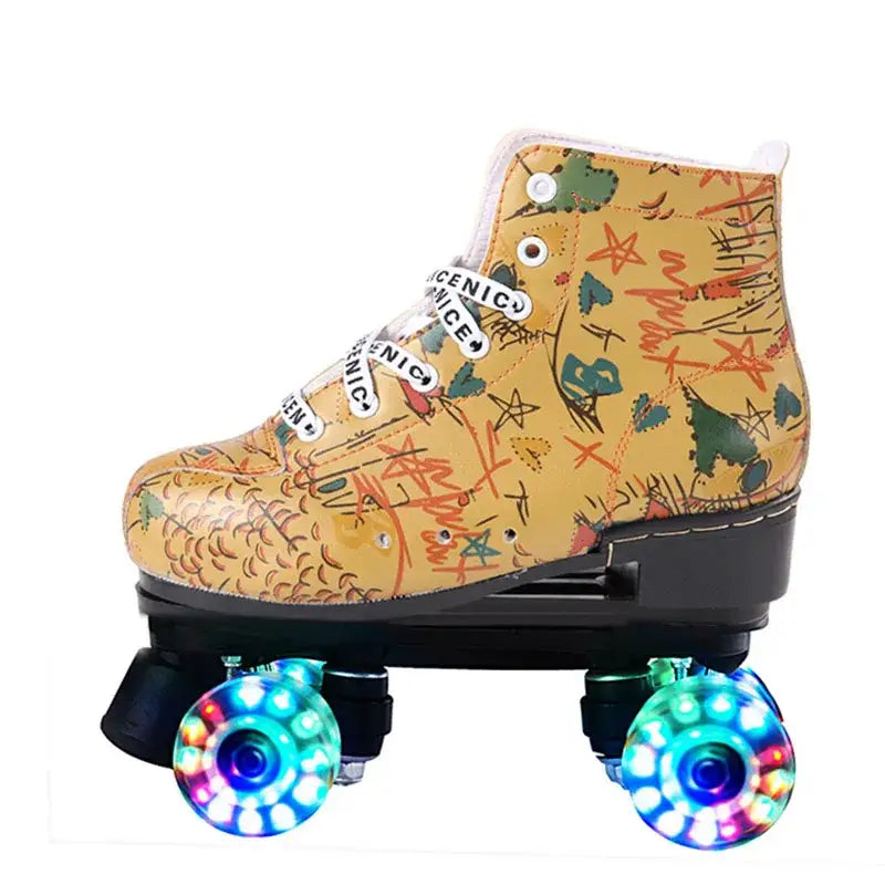 Microfiber PU Golden Roller Skates 4 Wheels Double Row