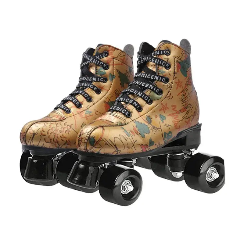 Microfiber PU Golden Roller Skates 4 Wheels Double Row