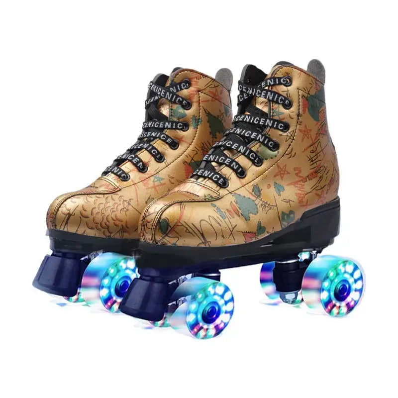 Microfiber PU Golden Roller Skates 4 Wheels Double Row