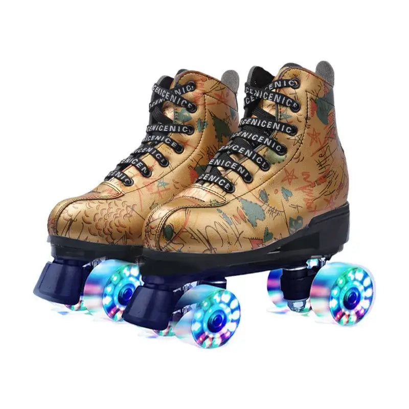 Microfiber PU Golden Roller Skates 4 Wheels Double Row Shoes