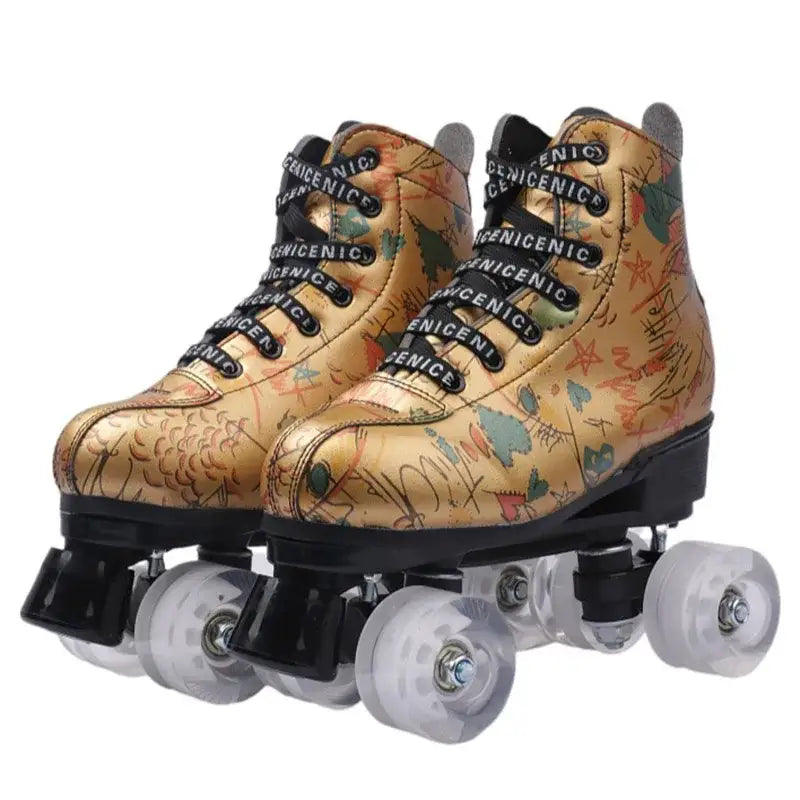 Microfiber PU Golden Roller Skates 4 Wheels Euro Size White