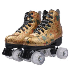 Microfiber PU Golden Roller Skates 4 Wheels Euro Size White