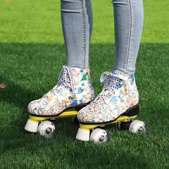 Microfiber Roller Skates White PU 4 Wheels Double Row Shoes