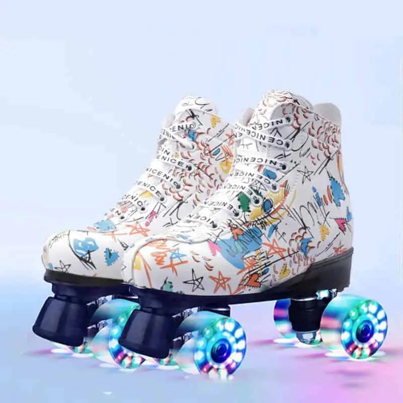 Microfiber Roller Skates White PU 4 Wheels Double Row Shoes