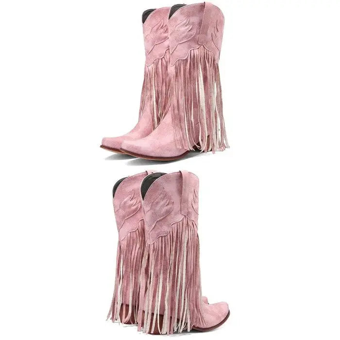 Mid Calf Western Tassels Fringe Cowboy Boots