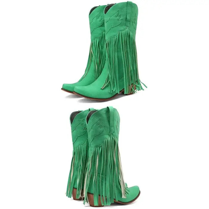 Mid Calf Western Tassels Fringe Cowboy Boots