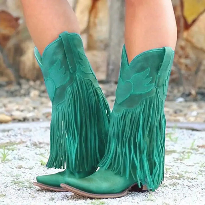 Mid Calf Western Tassels Fringe Cowboy Boots Euro Size