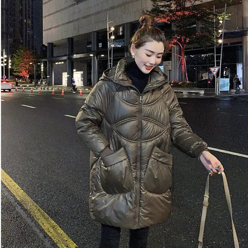 Mid-length Glossy Padded Coat - Champagne / M 45-55kg