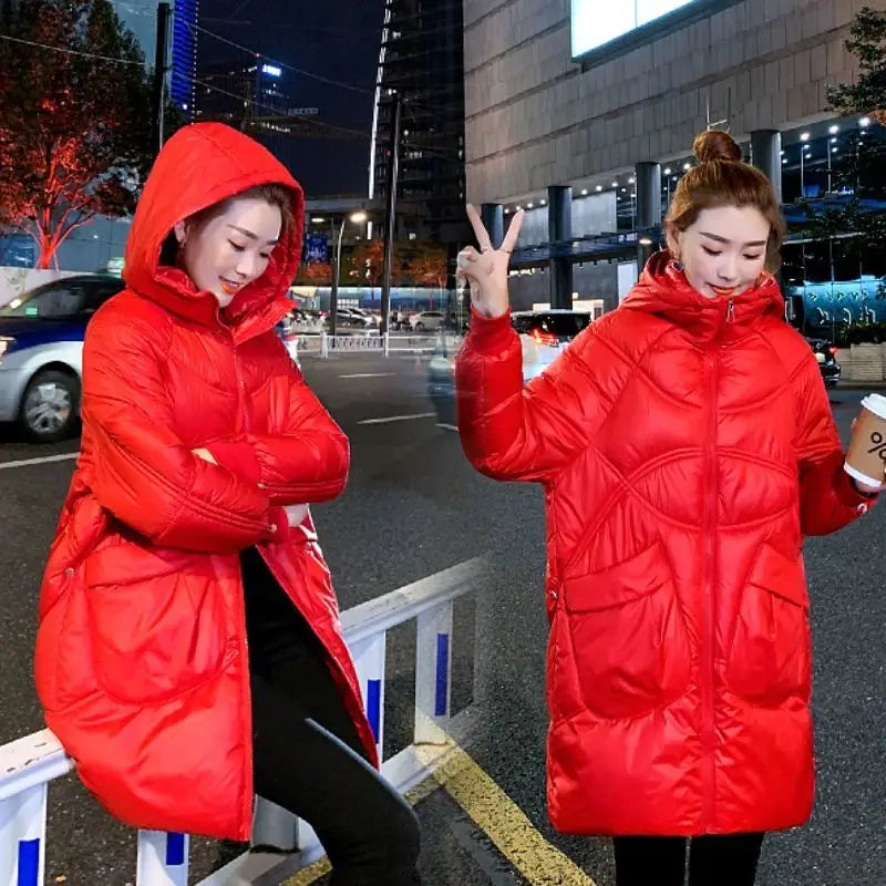 Mid-length Glossy Padded Coat - Red / M 45-55kg