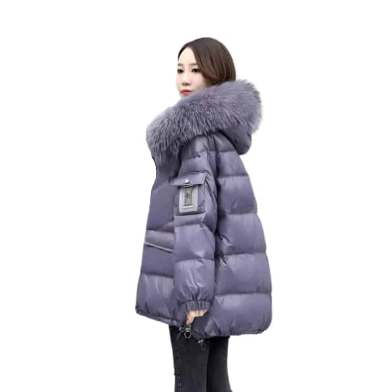 Mid Length Loose Puffy Woolen Collar Hooded Coat