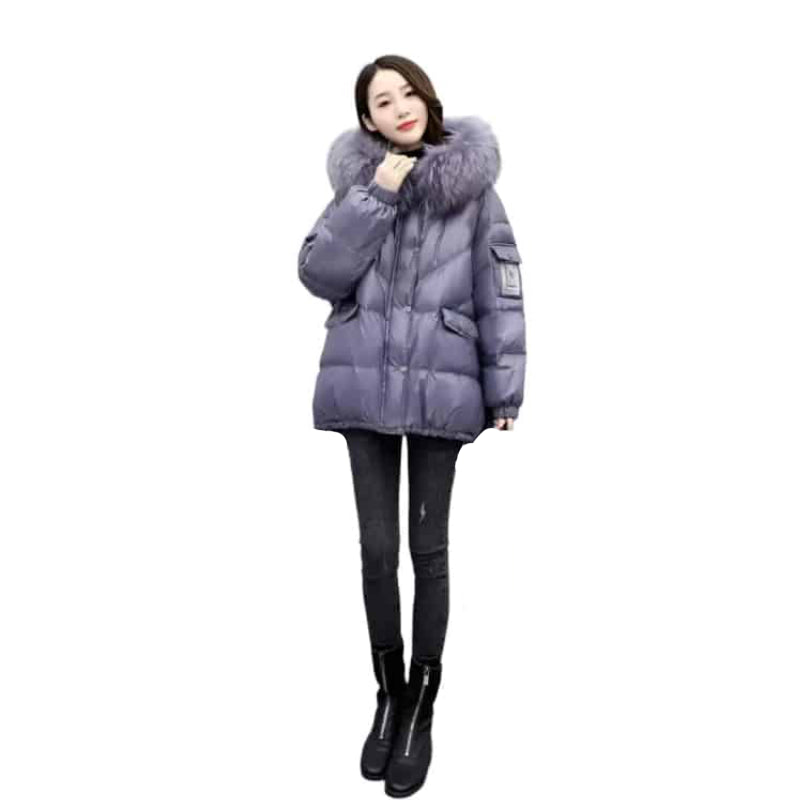 Mid Length Loose Puffy Woolen Collar Hooded Coat