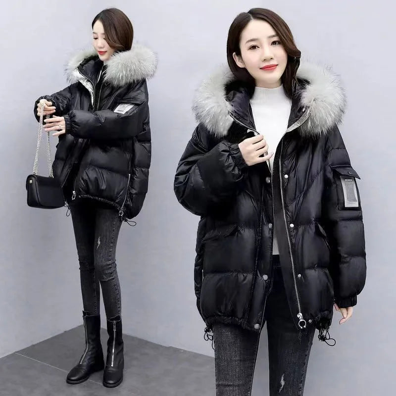Mid Length Loose Puffy Woolen Collar Hooded Coat Black / S