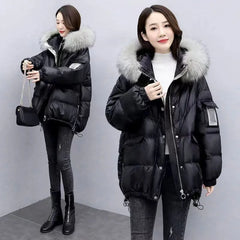 Mid Length Loose Puffy Woolen Collar Hooded Coat Black / S