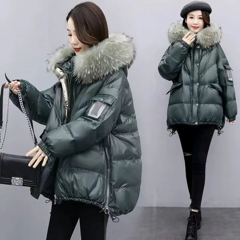 Mid Length Loose Puffy Woolen Collar Hooded Coat Dark Green