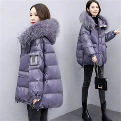 Mid Length Loose Puffy Woolen Collar Hooded Coat Purple / S