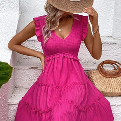Mid Pleat Sleeveless A-line V Neck Dress - Pink / S