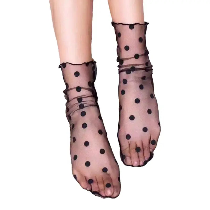 Mid-Tube Sheer Mesh Thin Socks - Black-Dots / One Size