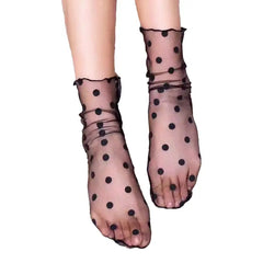 Mid-Tube Sheer Mesh Thin Socks - Black-Dots / One Size