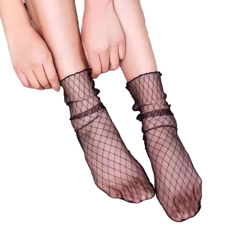 Mid-Tube Sheer Mesh Thin Socks - Black / One Size