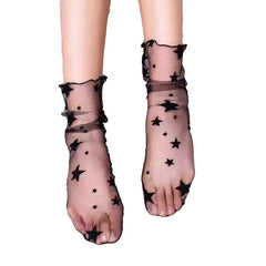 Mid-Tube Sheer Mesh Thin Socks - Black-Stars / One Size