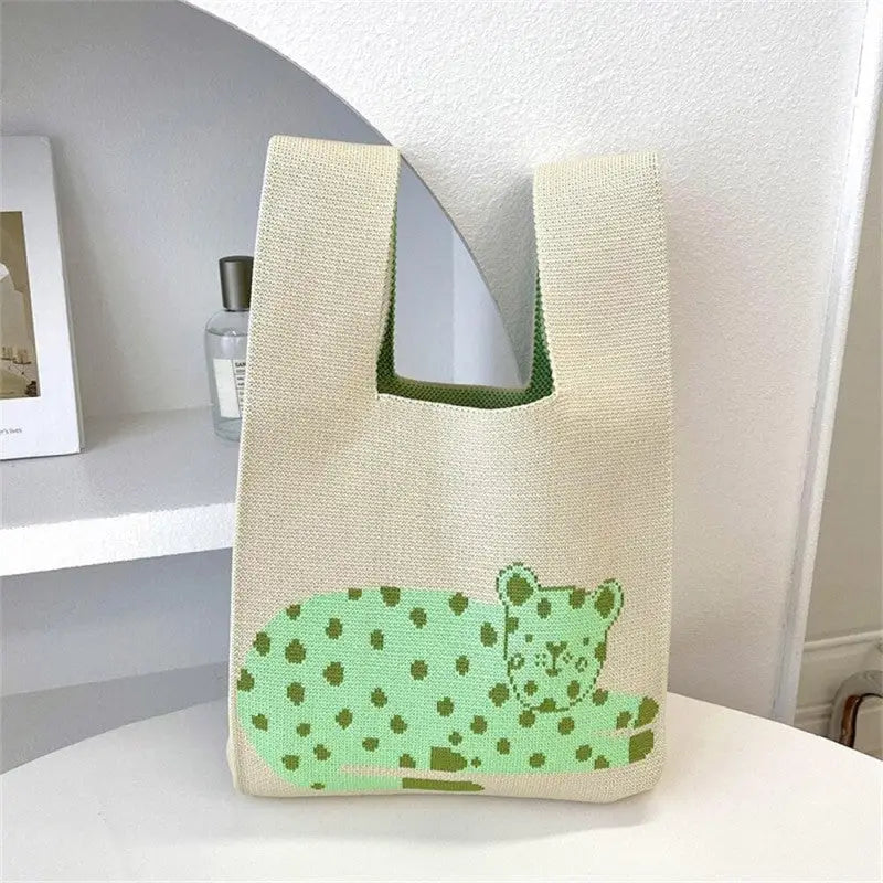 Mini Leopard Pattern Knot Wrist Handbag Beige Green