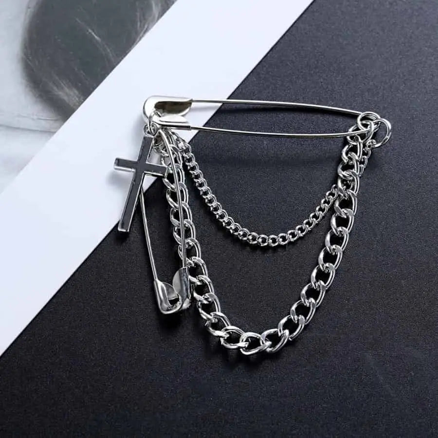 Minimalist Metal Cross Large Silver Color Long Chain Brooch
