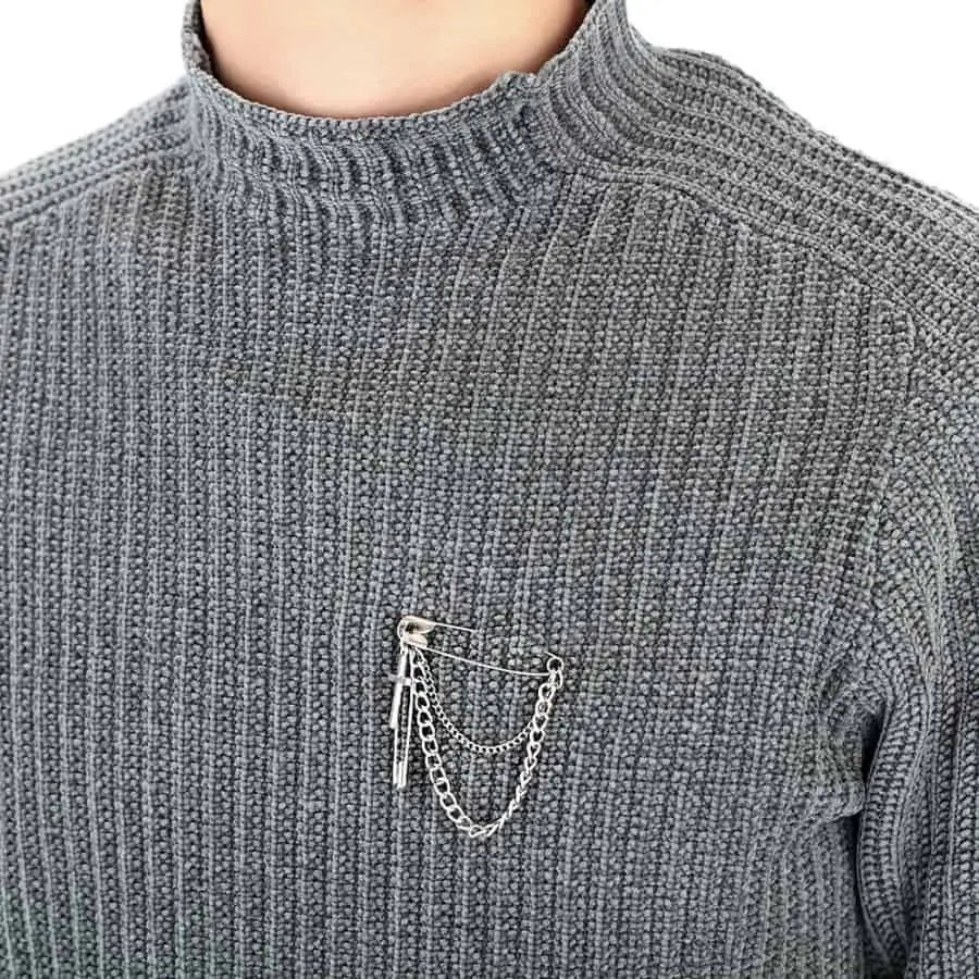 Minimalist Metal Cross Large Silver Long Chain Brooch