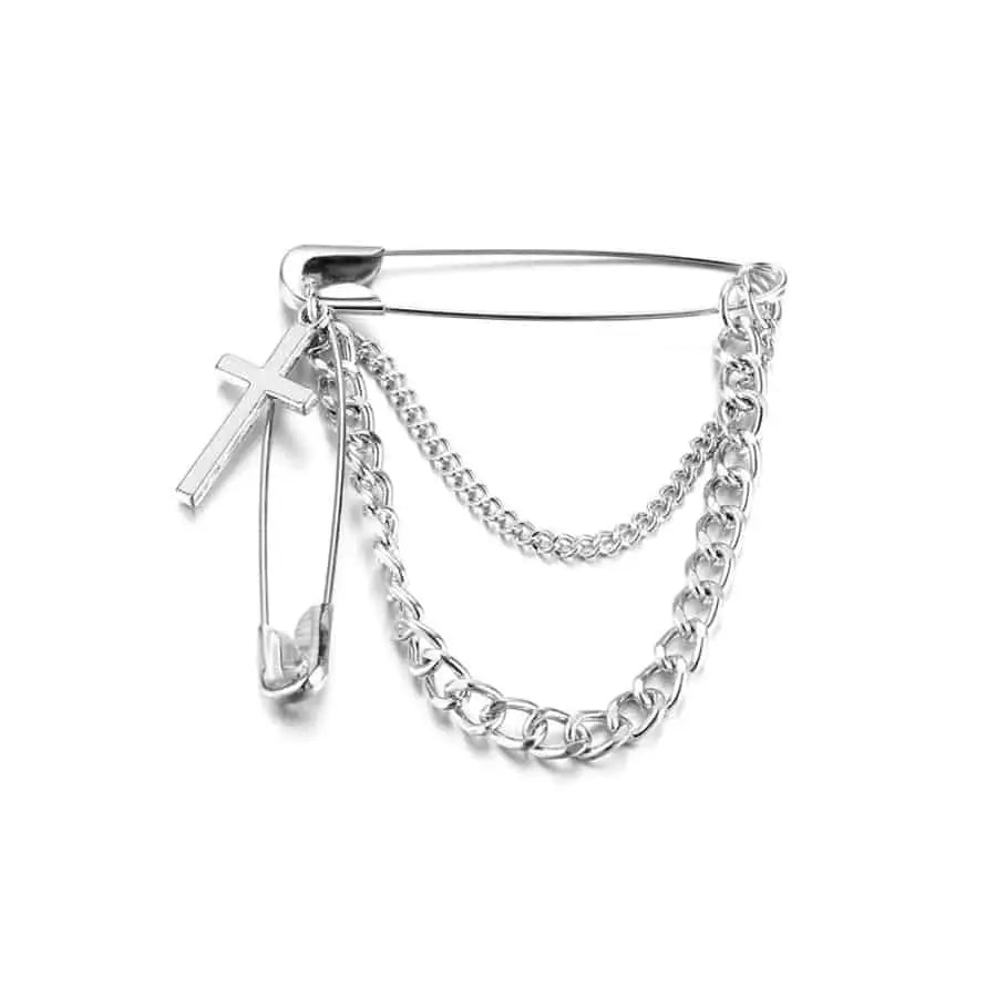 Minimalist Metal Cross Large Silver Long Chain Brooch Thick