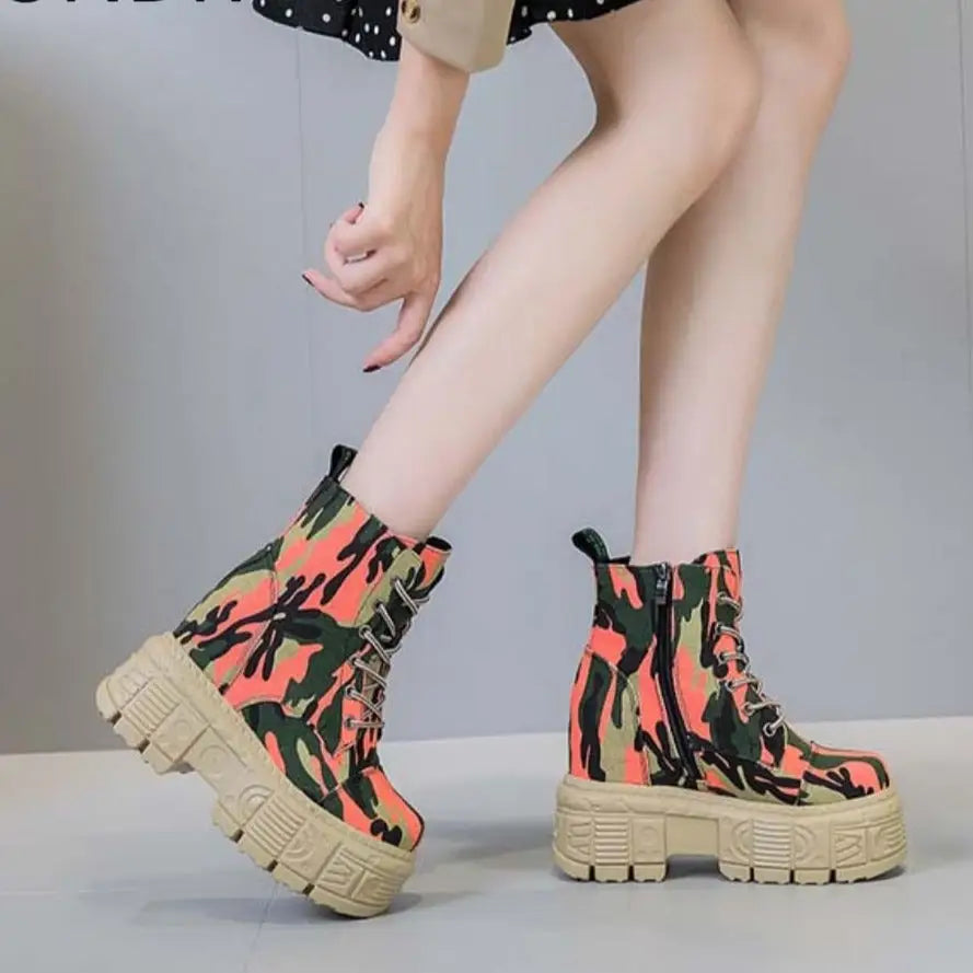 Mixed Colors Camouflage Platform Boots Euro Size
