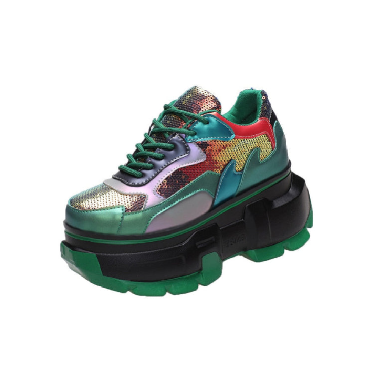 Mixed Colors Sequin Increase Thick Sole Shoes - Green / 33