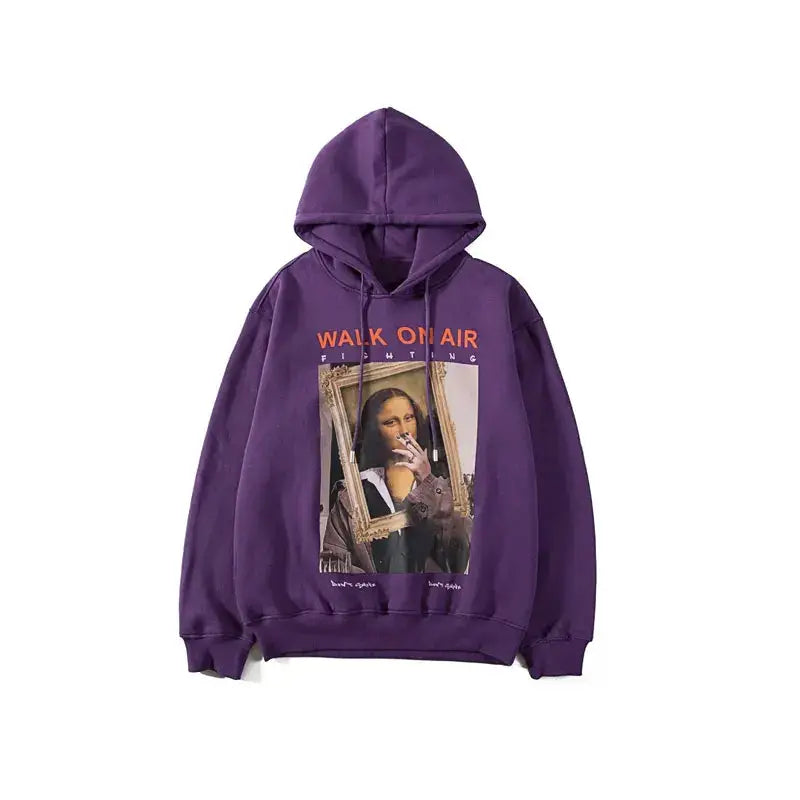 Mona Lisa Smoking Print Fleece Hoodie Purple / S