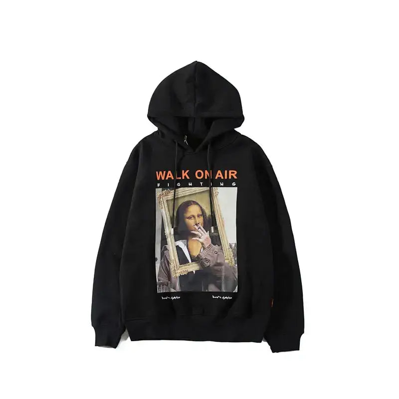 Mona Lisa Smoking Print Fleece Hoodies - Black / S