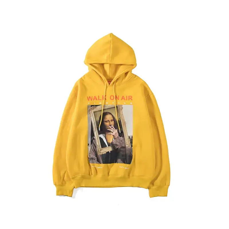 Mona Lisa Smoking Print Fleece Hoodies - Yellow / S