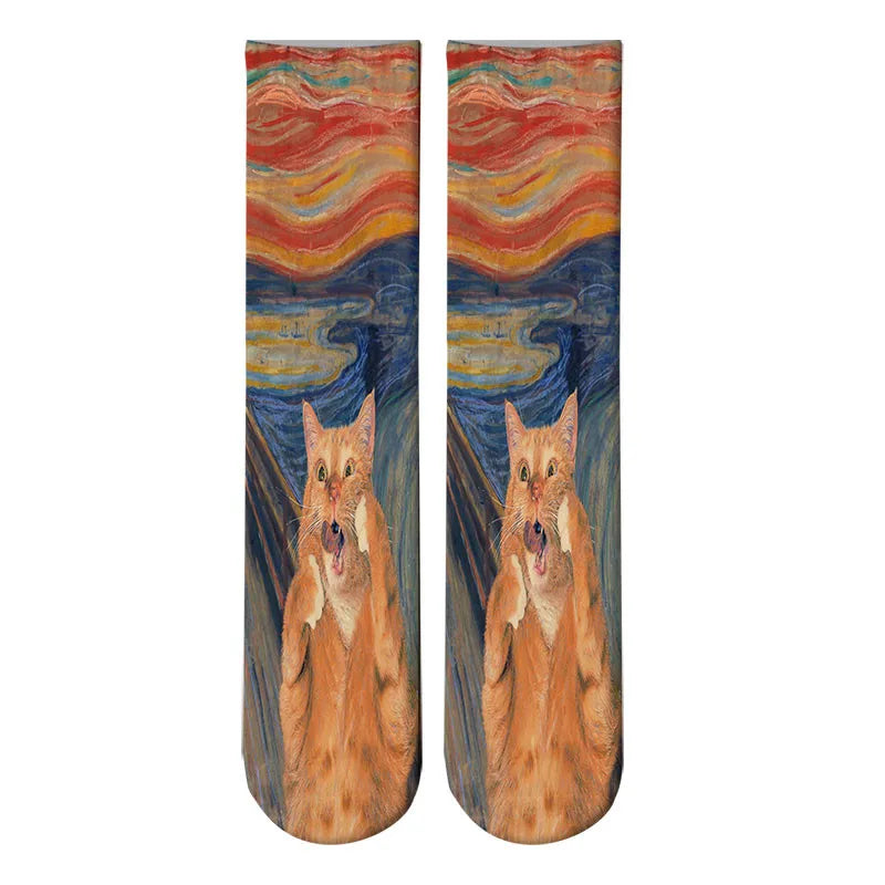 Monet Starry Night Art Oil Painting Socks Cat / One Size