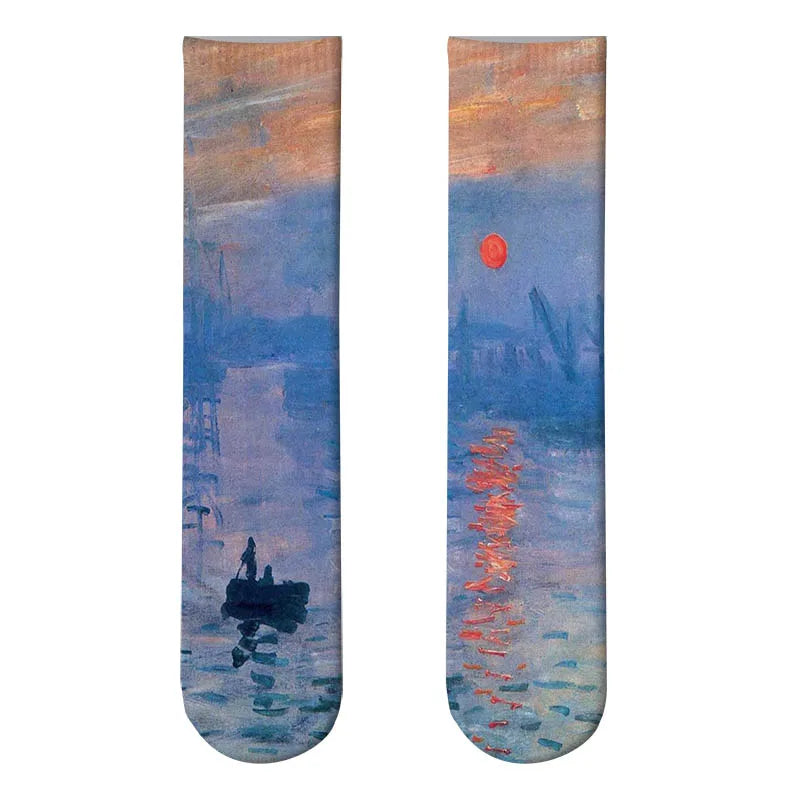 Monet Starry Night Art Oil Painting Socks Sunset / One Size