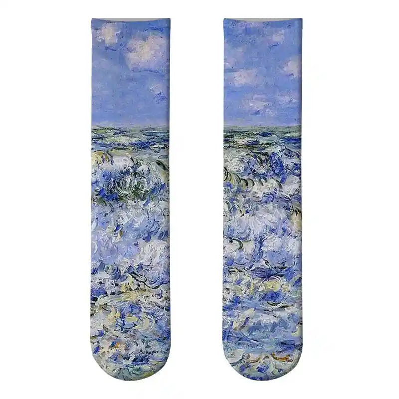 Monet Starry Night Art Oil Painting Socks Waves Breaking