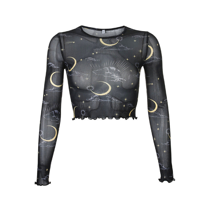 Moon and Stars Mesh Top - Clouds / S - Blouse