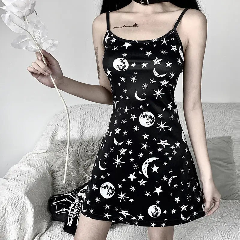 Moon And Stars Strappy Dress - Black / S