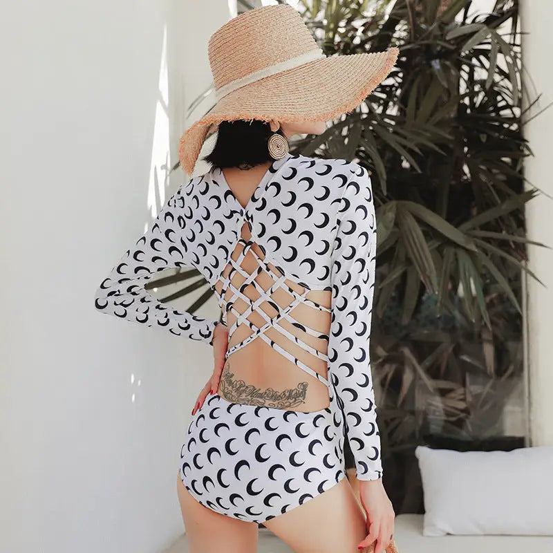 Moon One-Piece Long Sleeve Backless with Strappy Crosses Swimsuit