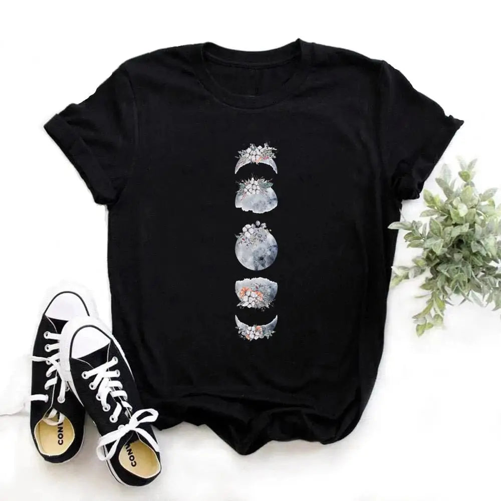 Moon Phase Planet Print T Shirt - White / S - T-Shirt