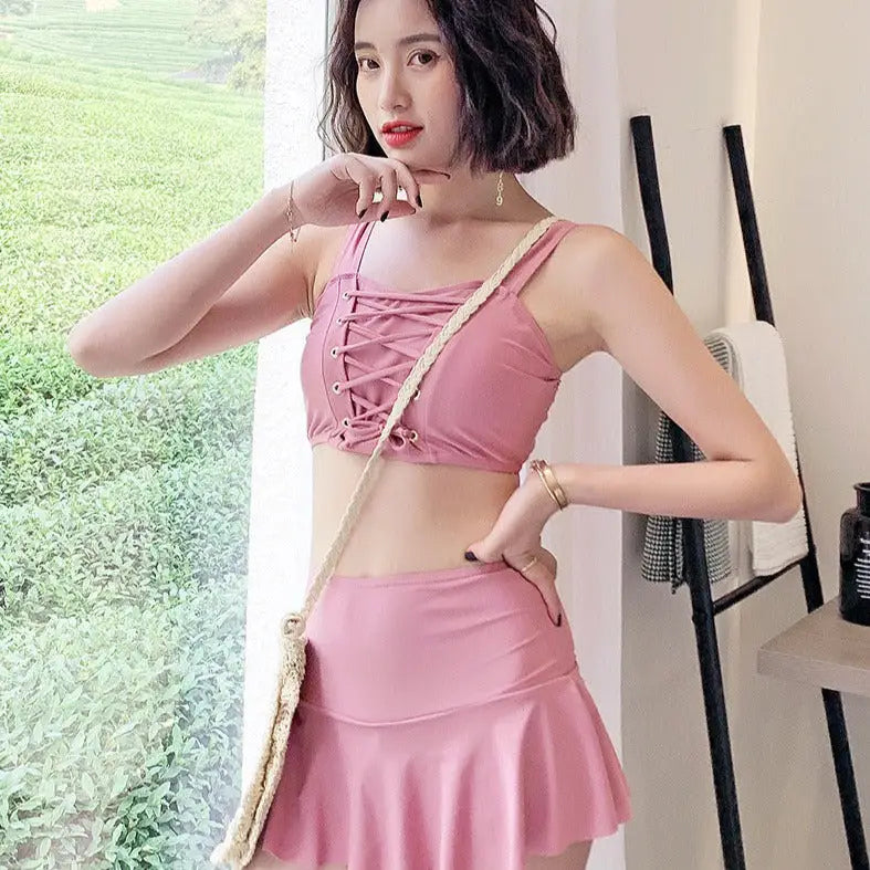 Moon Pink Three-Piece Swimwear with Skirt
