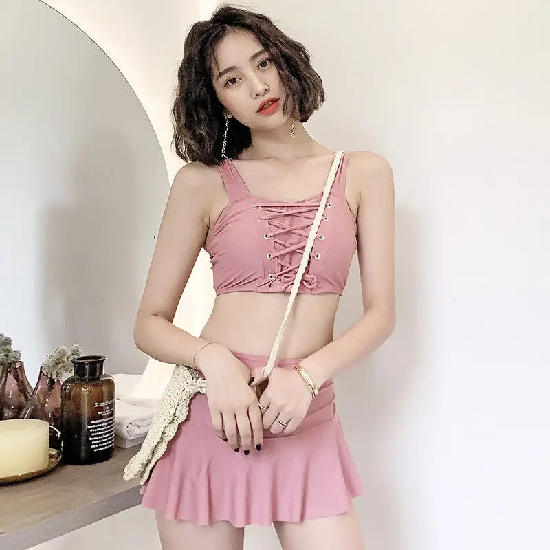 Moon Pink Three-Piece Swimwear with Skirt