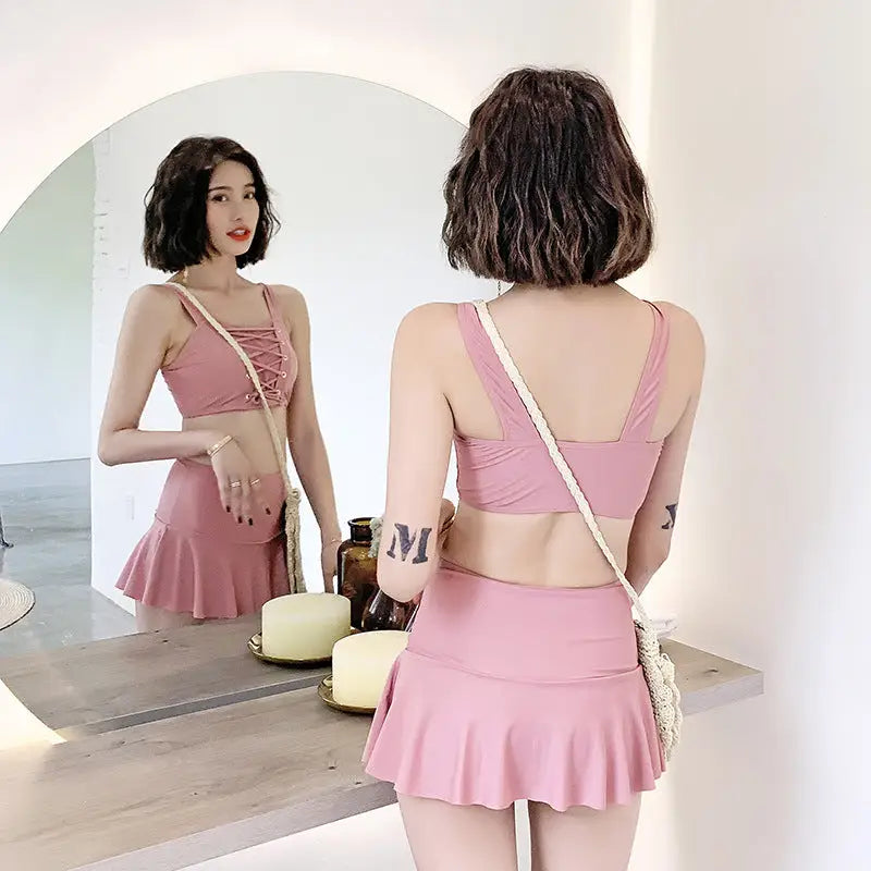 Moon Pink Three-Piece Swimwear with Skirt