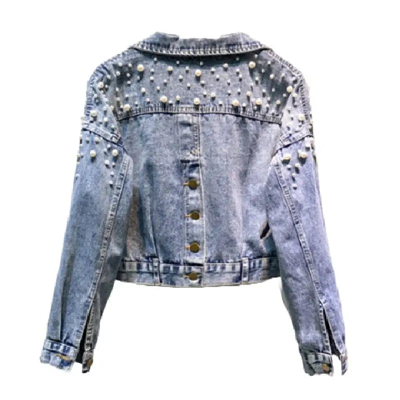 Mosaic Pearl Short Loose Denim Jacket with Beaded Design