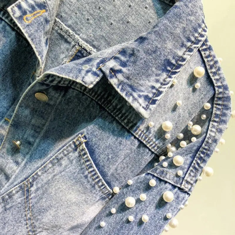 Mosaic Pearl Short Loose Denim Jacket with Beaded Design