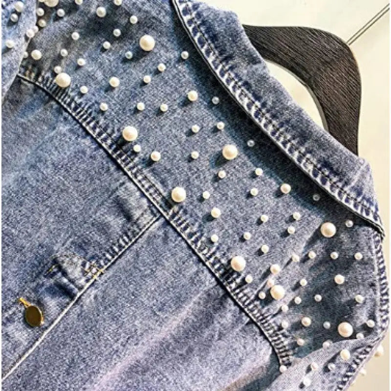 Mosaic Pearl Short Loose Denim Jacket with Beaded Design