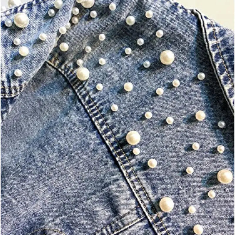 Mosaic Pearl Short Loose Denim Jacket with Beaded Design