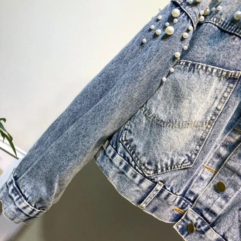 Mosaic Pearl Short Loose Denim Jacket with Beaded Design